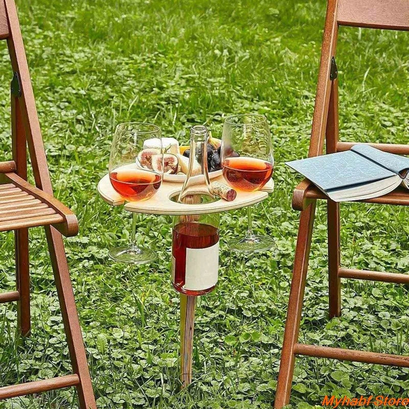 Creative Foldable Wine Table with Round Desktop Wooden Wine Glass Goblet Holder for Outdoor Picnic Camping Portable Wine Rack