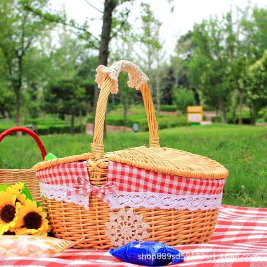Retro Wicker Outdoor Carry-on Handle Storage Baskets Picnic Basket with Lid