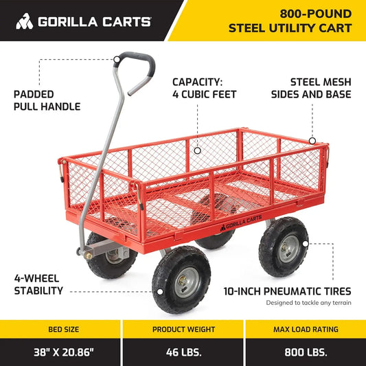 Carts 800 Pound Capacity Heavy Duty Steel Mesh Versatile Utility Wagon Cart with Easy Grip Handle for Outdoor Hauling, Red