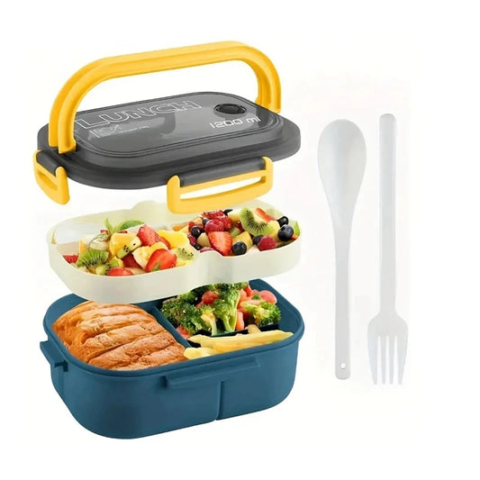 1200ML 2 Layer Bento Lunch Box With Spoon Fork, Kid High Capacity Microwae Food Containers Portable Leakproof Office Camping