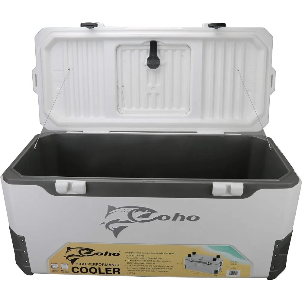 165QT Cooler Ice Chest, Heavy Duty, High Performance Insulated Cooler with Fish Ruler, Removable Threaded Cup Holders, Cooler