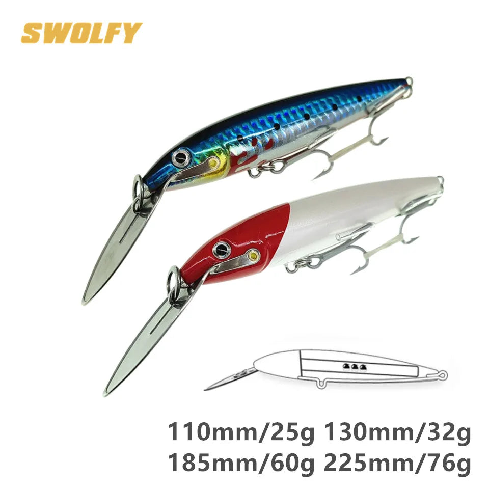 SWOLFY 1Pcs 130mm/32.5g 185mm/60g Trolling Tuna Fishing Lures Big Sinking Sea Lures Minnow Lures Fishing Bait VMC  Hooks