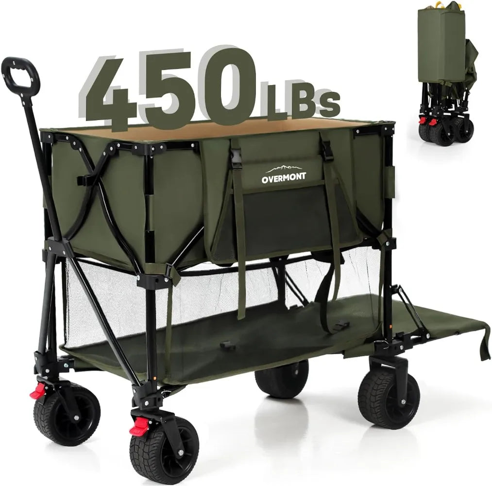 Overmont 400L Foldable Double Decker Wagon - Large Capacity Collapsible Wagon Cart- 52" Extra Long Extender - All-Terrain Big