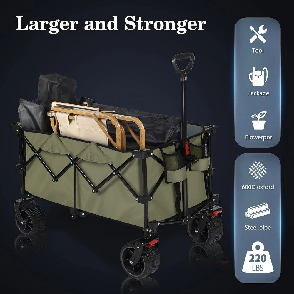 Camping Wagon Heavy Duty Folding Utility Garden Cart With Big All-Terrain Beach Wheels & Drink Holders Trolley Supplies Home