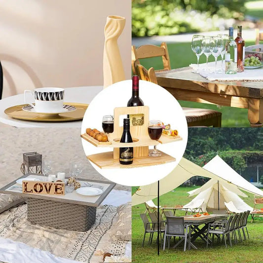 Picnic Table With Wine Glass Holder Portable Glass Holder Snack Tray Table Creative Detachable Camping Table With Hollow Handle