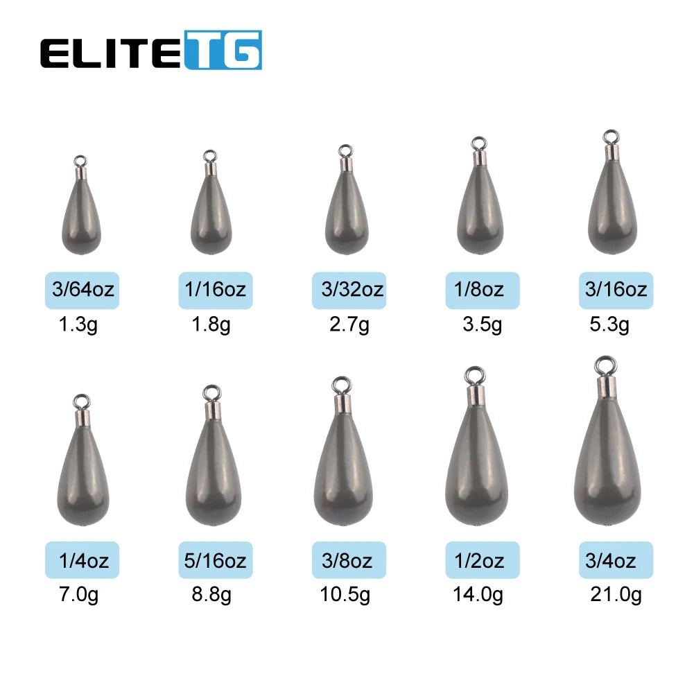 Elite TG 10Pcs Tungsten Tear Drop Sinker Weights Lead-free 1.3g-21g Salmon Bass Fishing Accessories Texas/Carolina Rig Connector