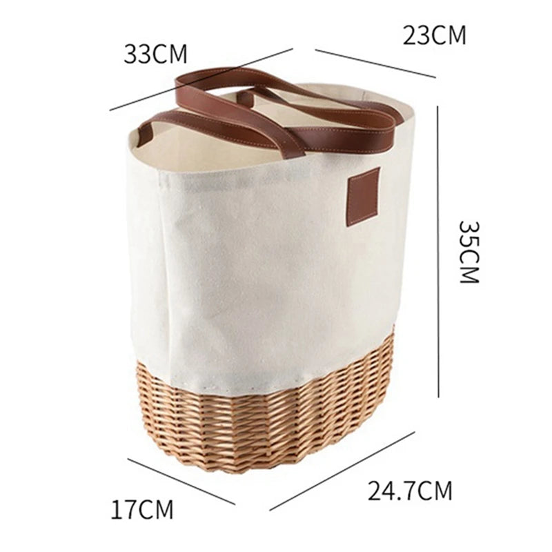 Picnic Basket,Picnic Tote Bag,Sturdy Woven Base & Canvas Beach Tote Bag