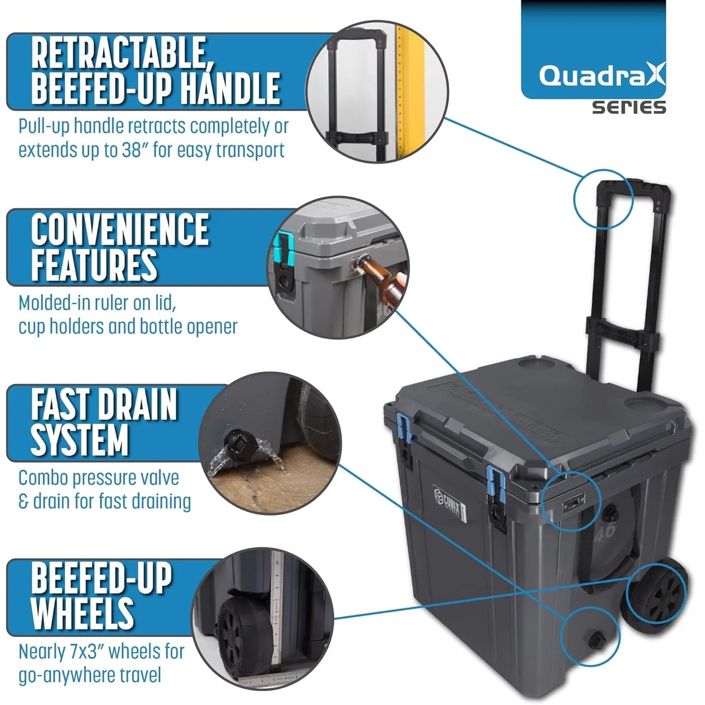 QuadraX 46 Quart Wheeled Rotomolded Portable Hard Cooler for Camping, Fishing, Beach | Heavy Duty Insulated Ice Chest