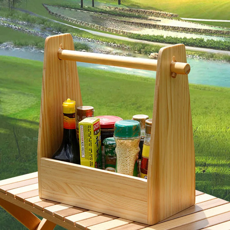 Outdoor Storage Portable Basket Solid Wood Spice Box Picnic BBQ Tableware Accessories Pine Wood Storage Case