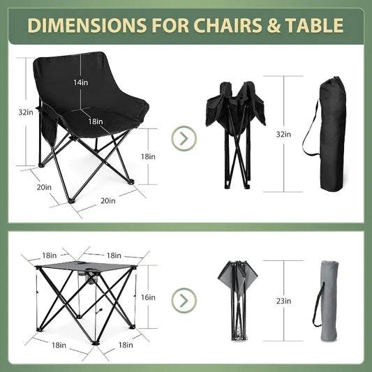 Camping Chairs Set for Adults, 2 Black Folding Moon Chair & 1 Lightweight Camp Table, with Side Pockets & Cup Holders