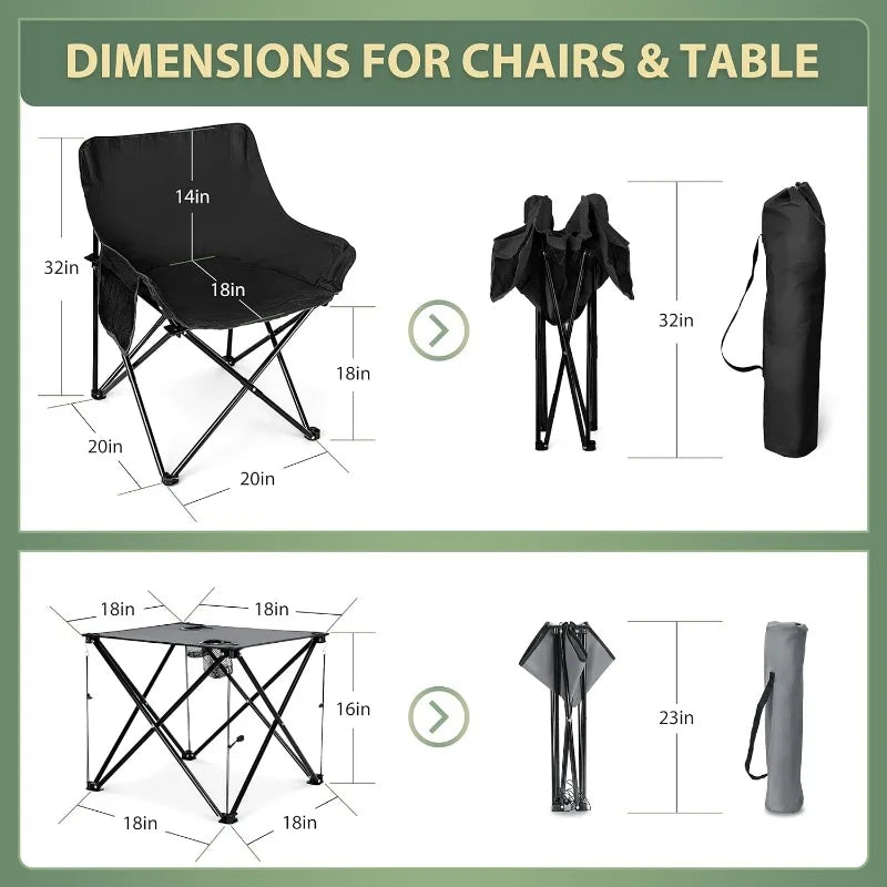 Camping Chairs Set for Adults, 2 Black Folding Moon Chair & 1 Lightweight Camp Table, with Side Pockets & Cup Holders
