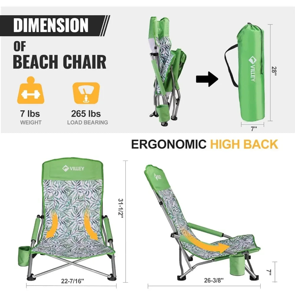 Low Beach Chairs for Adults 2 Pack, High Back Folding Beach Chairs, and Portable for Outdoor,  with Cup Holder and Carry Bag