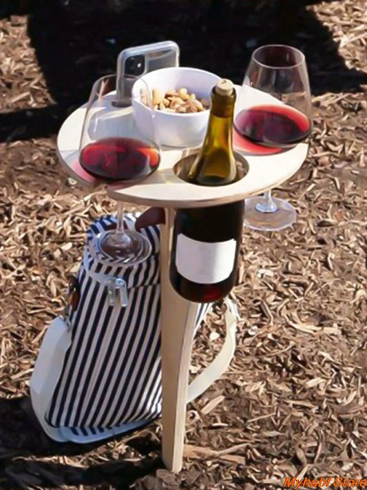 Creative Foldable Wine Table with Round Desktop Wooden Wine Glass Goblet Holder for Outdoor Picnic Camping Portable Wine Rack