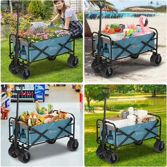 Heavy Duty Foldable Wagon with 330lbs Weight Capacity  Folding Utility Garden Cart with  All-Terrain Beach Wheels  Drink Holders