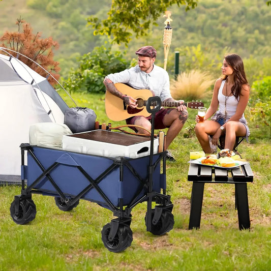 Collapsible Wagons Carts, Heavy Duty Foldable Utility Garden Grocery Shopping Cart w/ All-Terrain Beach Wheels & Drink Holders