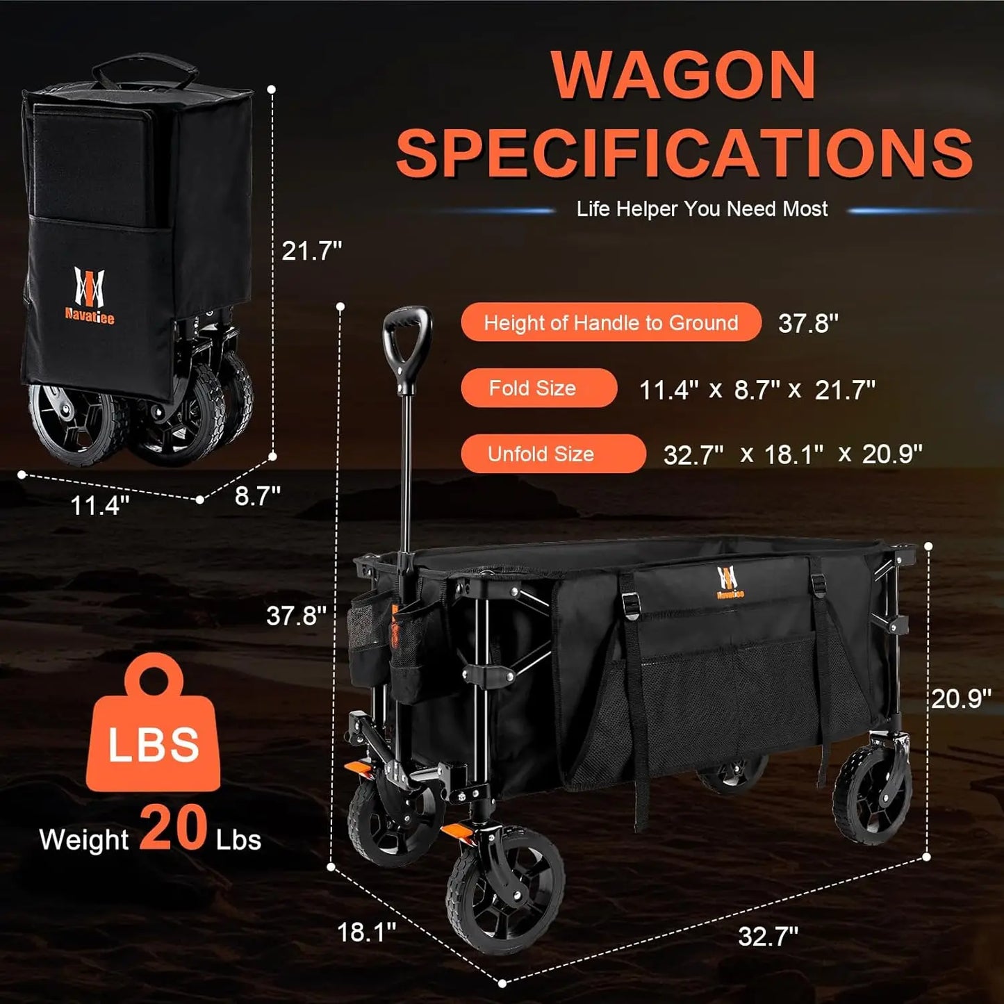 Collapsible Folding Wagon, Heavy Duty Utility Beach Wagon Cart with Side Pocket and Brakes