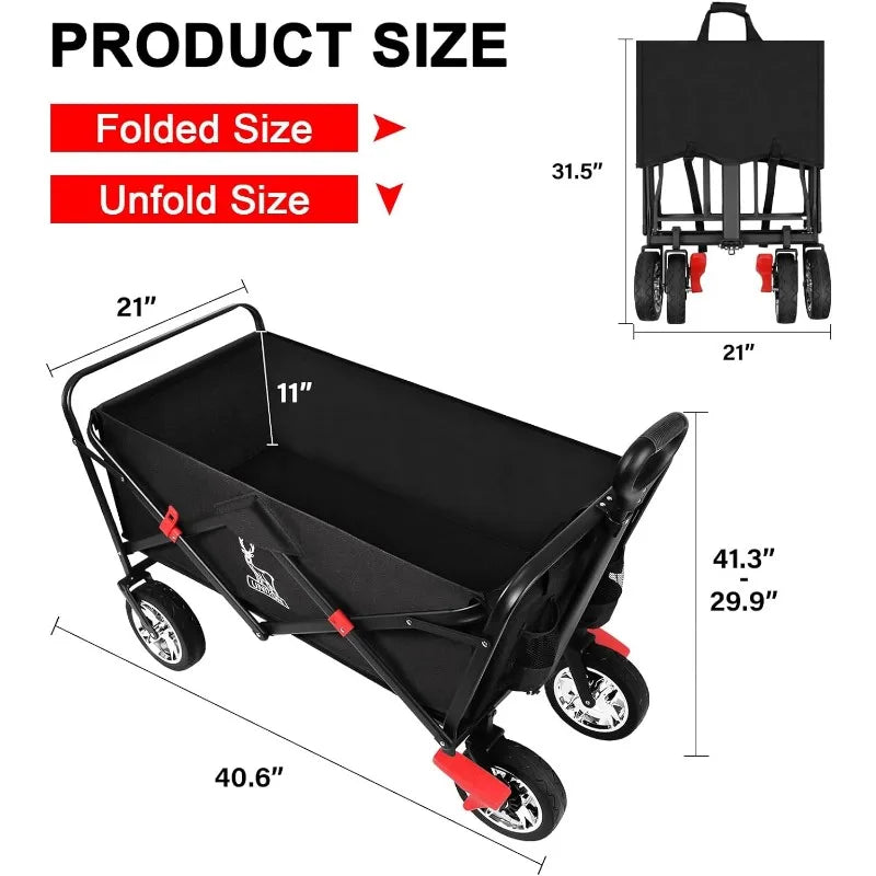 Collapsible Folding Wagon Cart Foldable up to 450 LBS Heavy Duty, Beach Wagon Chrome Wheels with Rubber Tires, Utility Grocery