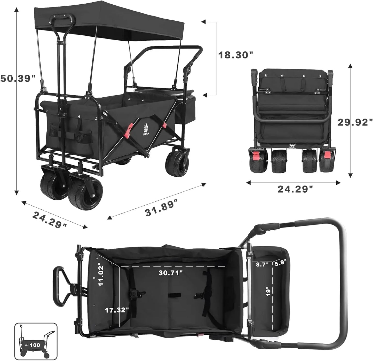 Collapsible Wagon Heavy Duty Folding Wagon Cart with Removable Canopy, 4" Wide Large All Terrain Wheels, Brake, Adjustable