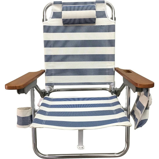 Outdoor Chair Textile Fabric Headrest Multi-position Wooden Arm Beach Chair (set of 2) Camping Relaxing Furniture
