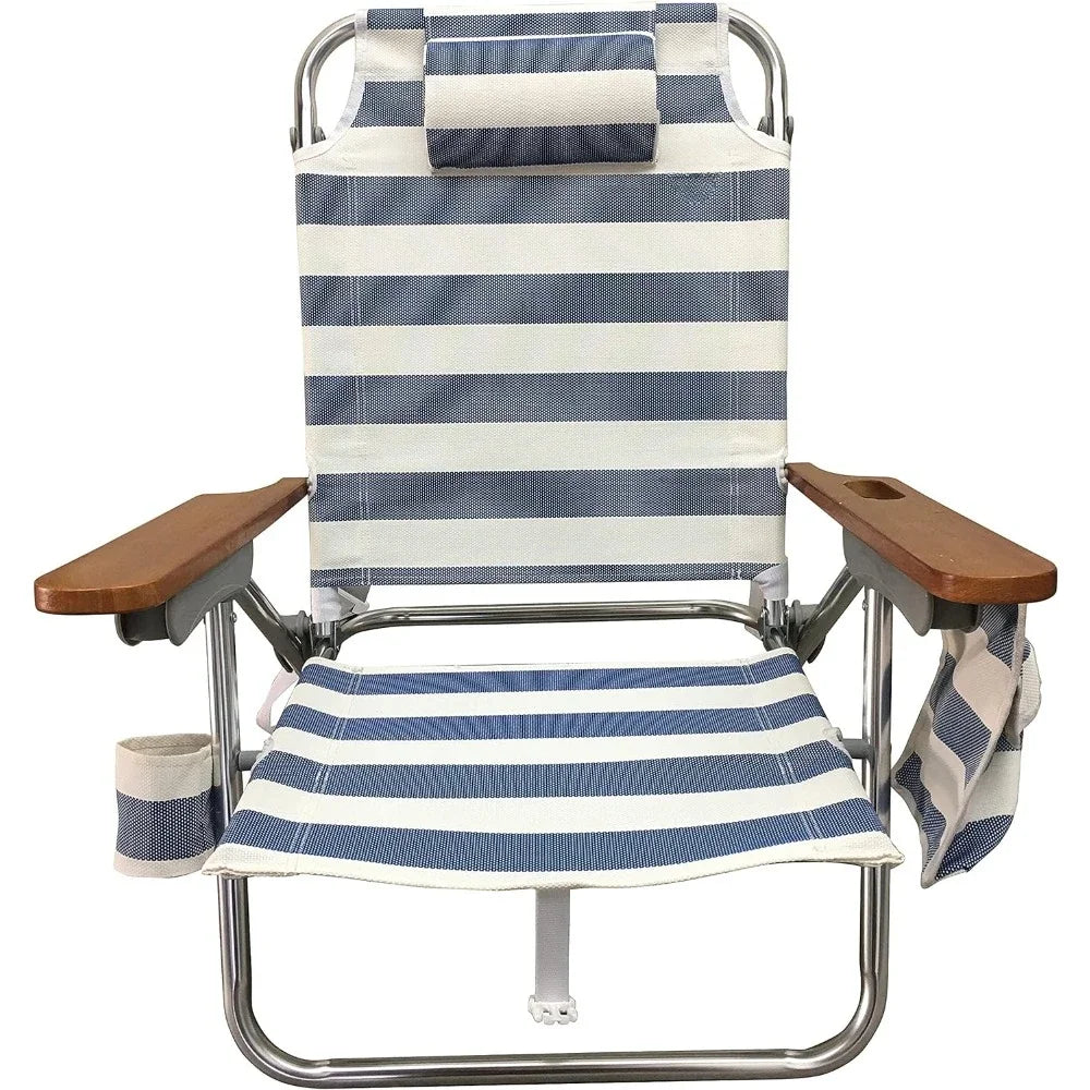 Outdoor Chair Textile Fabric Headrest Multi-position Wooden Arm Beach Chair (set of 2) Camping Relaxing Furniture
