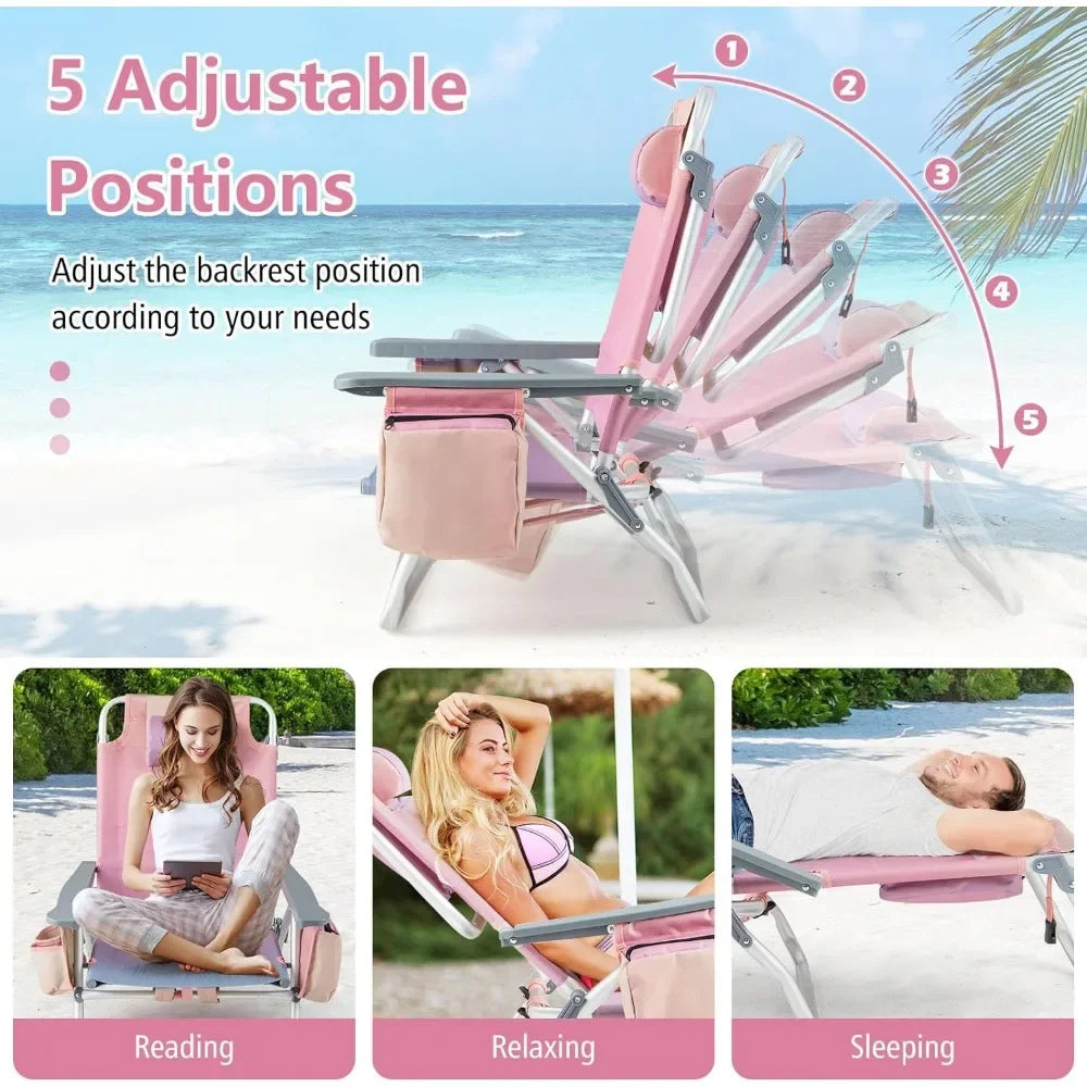 Beach Chair 2-Pack,Sunbathing Chairs with 5 Adjustable Position,Folding Fishing Backpack Chairs