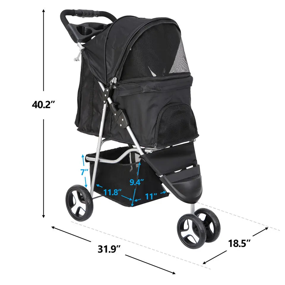 3 Wheels Travel Pet Stroller for Dogs and Cats Easy to Walk Foldable Stroller