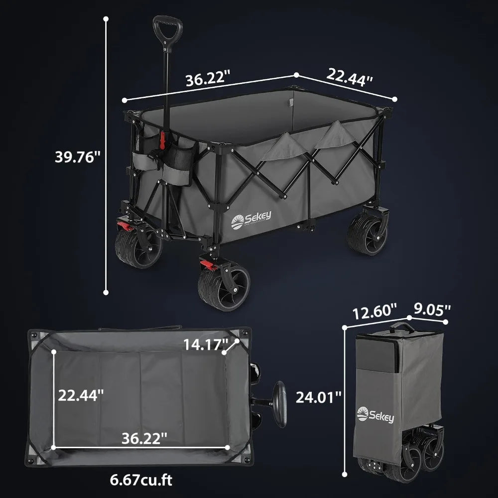 Sekey 220L Collapsible Foldable Wagon with 330lbs Weight Capacity, Heavy Duty Folding Utility Garden Cart with Big All-Terrain