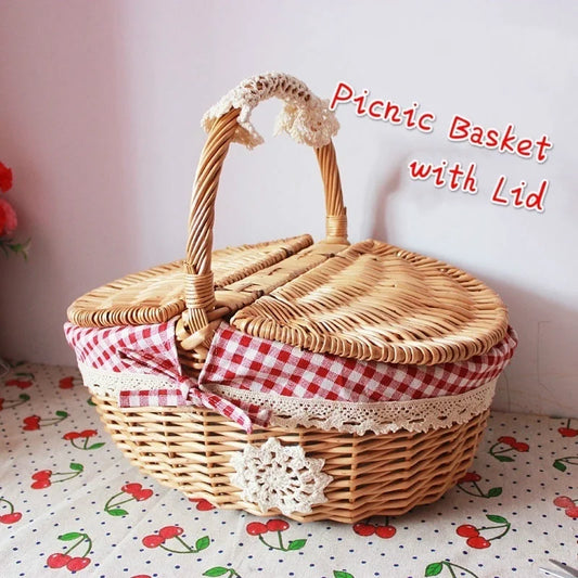 Retro Wicker Outdoor Carry-on Handle Storage Baskets Picnic Basket with Lid