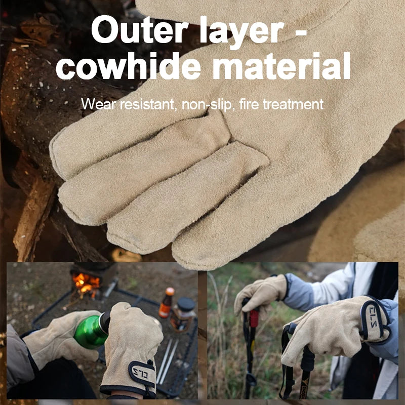 Leather Picnic BBQ Gloves Heat Resistant Barbecue Grill Cooking Protective Gloves Anti-scald Heat-Insulated Outdoor Camping Tool