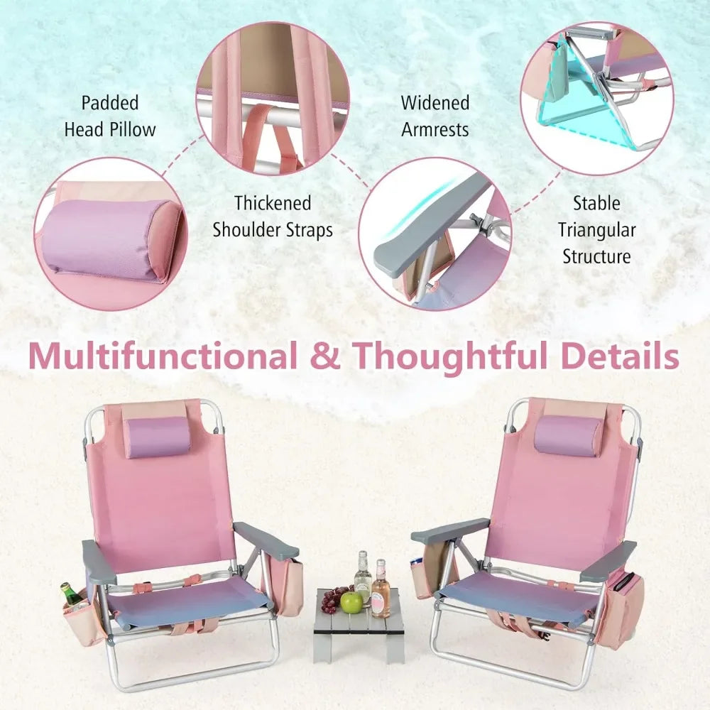 Beach Chair 2-Pack,Sunbathing Chairs with 5 Adjustable Position,Folding Fishing Backpack Chairs