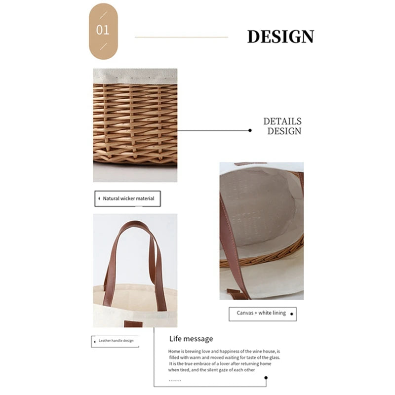 Picnic Basket,Picnic Tote Bag,Sturdy Woven Base & Canvas Beach Tote Bag
