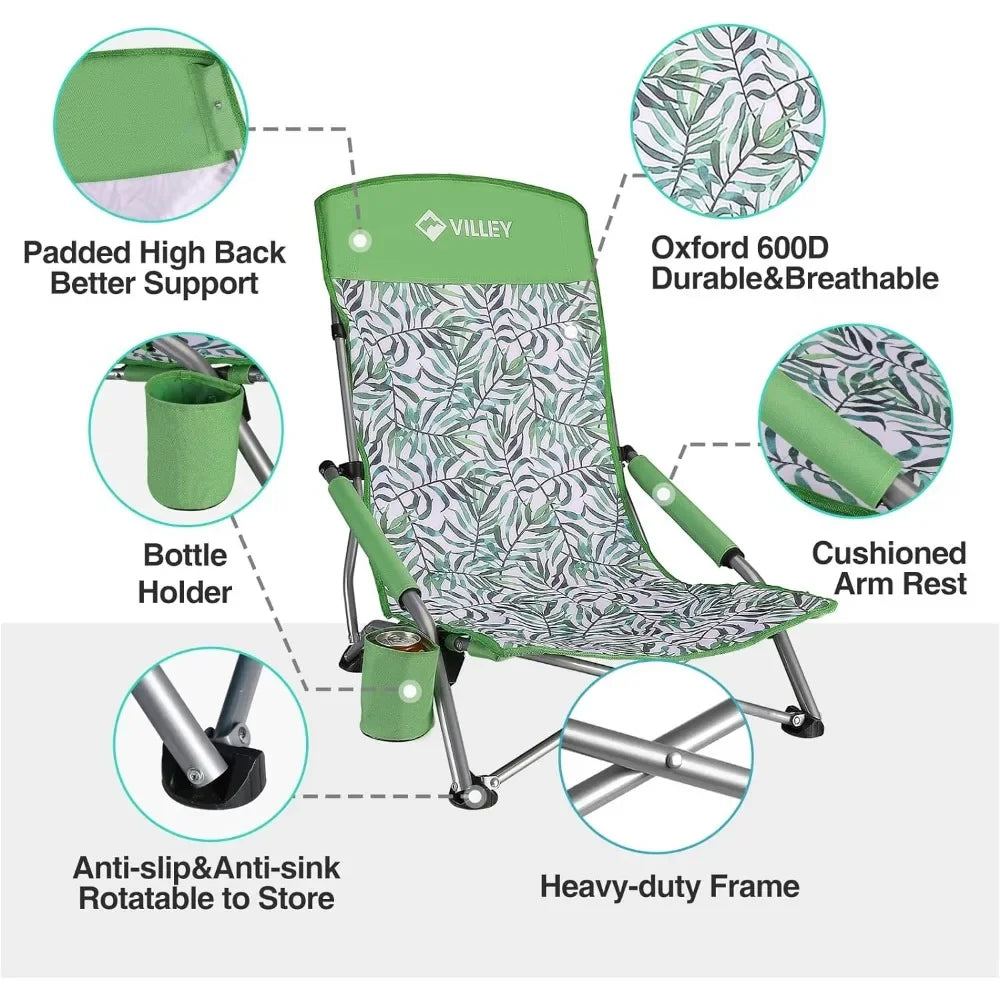 Low Beach Chairs for Adults 2 Pack, High Back Folding Beach Chairs, and Portable for Outdoor,  with Cup Holder and Carry Bag
