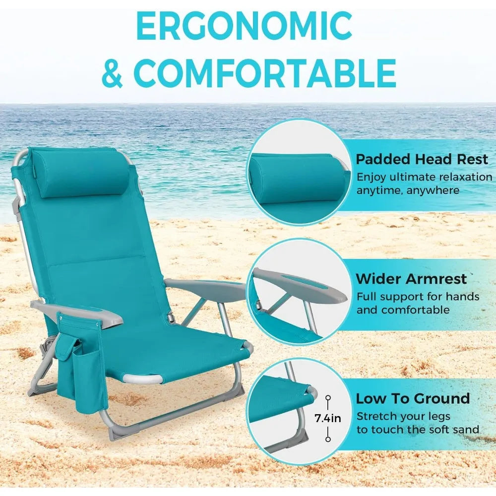 Beach Chair for Adults,Arm Rest 4Position AluminumLightweight with Shoulder Strap,Cup Holder and Padded Headrest,Supports 265lbs