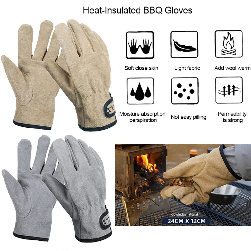 Leather Picnic BBQ Gloves Heat Resistant Barbecue Grill Cooking Protective Gloves Anti-scald Heat-Insulated Outdoor Camping Tool