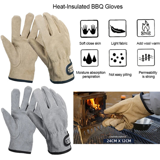 Leather Picnic BBQ Gloves Heat Resistant Barbecue Grill Cooking Protective Gloves Anti-scald Heat-Insulated Outdoor Camping Tool