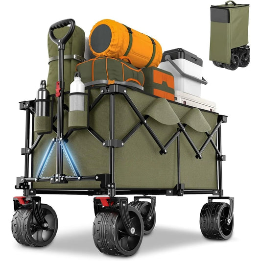 Camping Wagon Heavy Duty Folding Utility Garden Cart With Big All-Terrain Beach Wheels and Drink Holders. Trolley Hand Carts