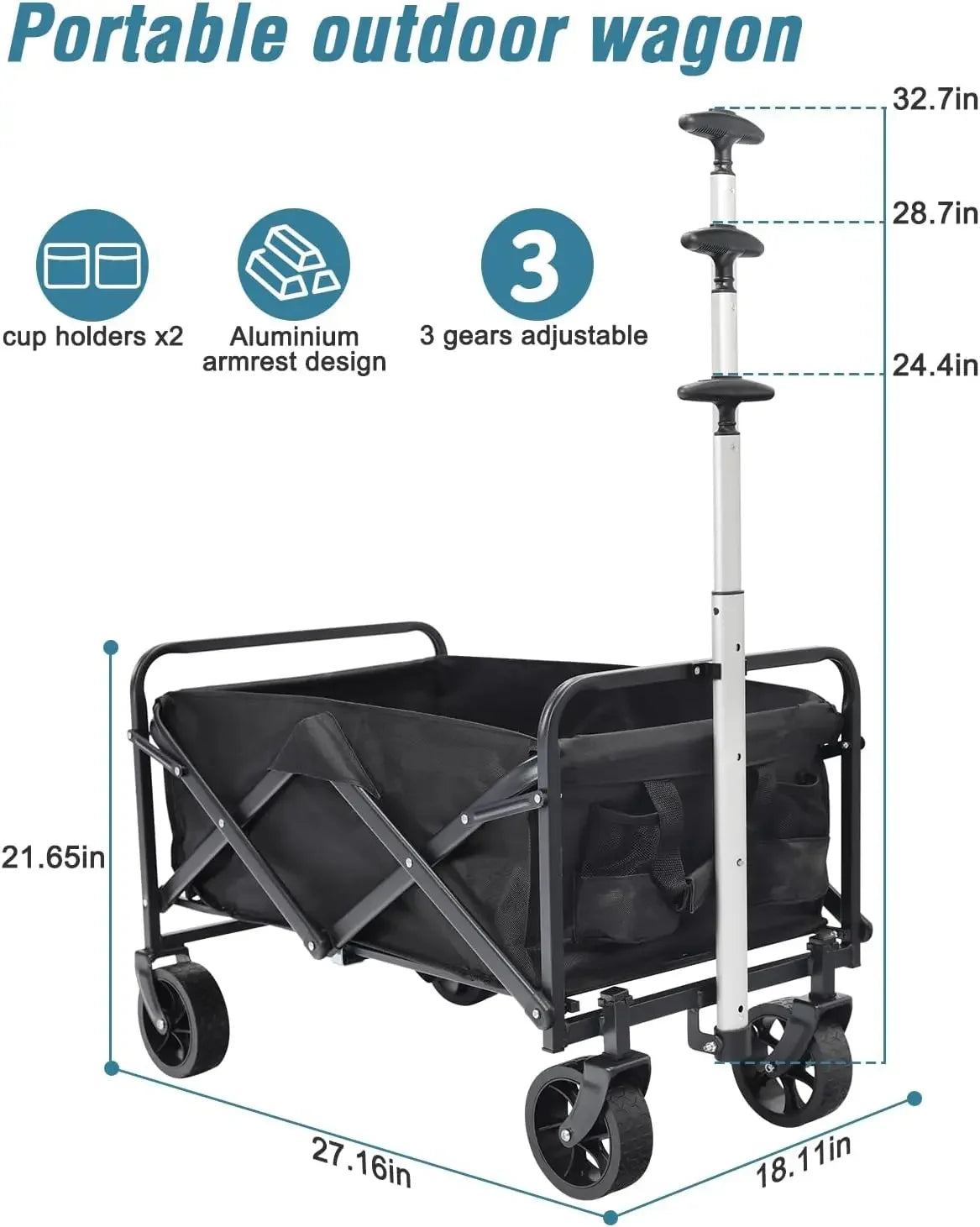 Collapsible Wagon with Large Capacity, Utility Wagons Carts Heavy Duty Foldable, Portable Folding Wagon with Two Drink Holders