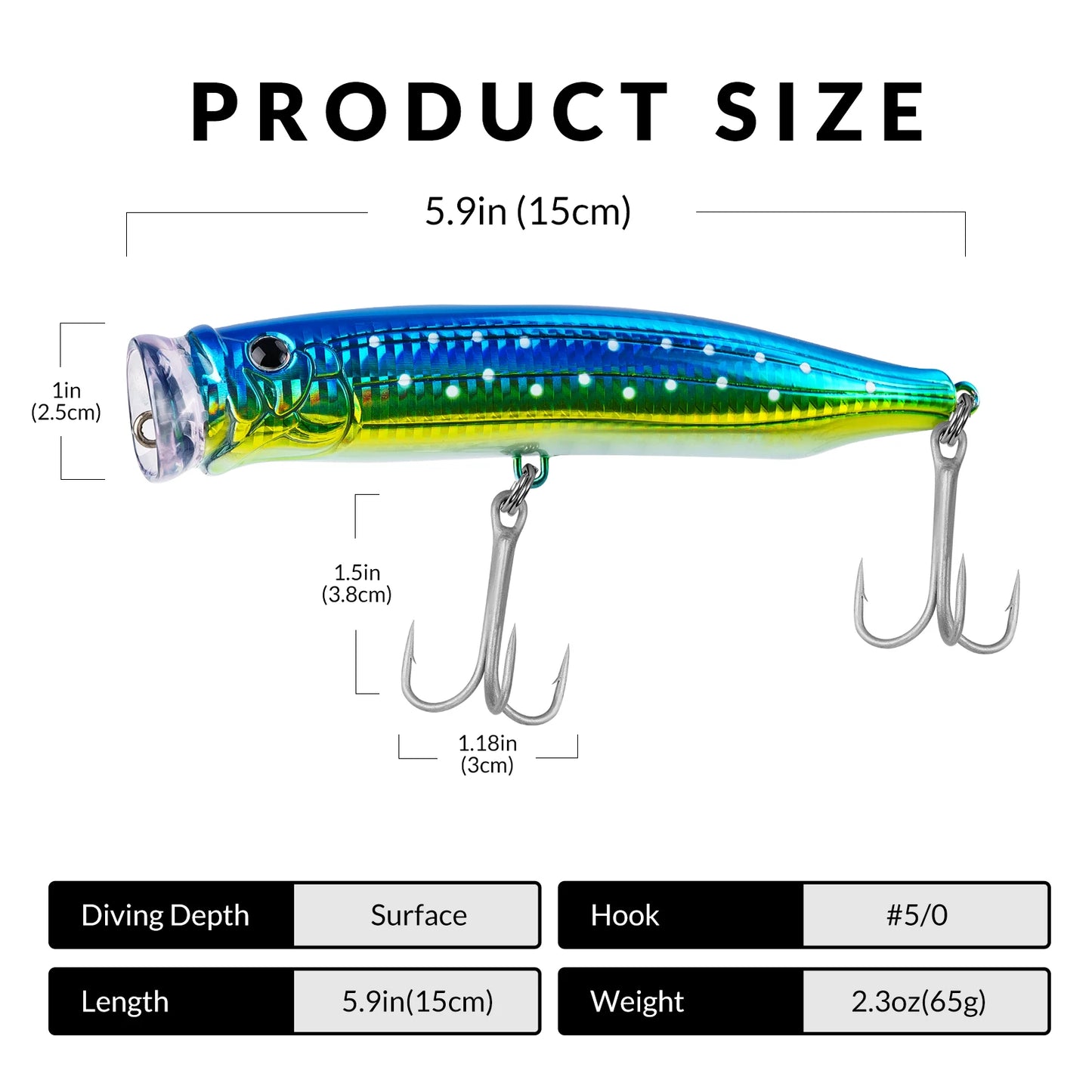 Popper 15cm 65g Fishing Lure Top Water Weight System Hard Bait Strong Hooks Sea Bass Fishing Lure Artificial Bait Tackle