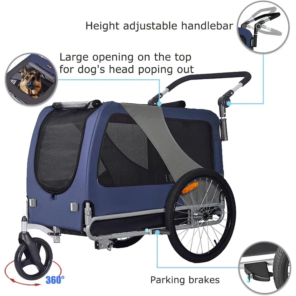 Premium Large/XL Pet Bike Trailer & Stroller for Large Sized Dog or Multiple Small Dogs,Low Center of Gravity Easy Folding Frame