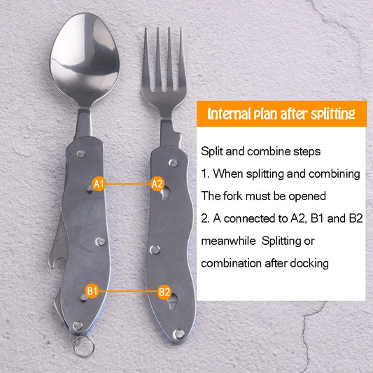 4 In 1 Outdoor Tableware Set Camping Equipment Cooking Supplies Stainless Steel Spoon Folding Pocket Home Picnic Hiking Travel
