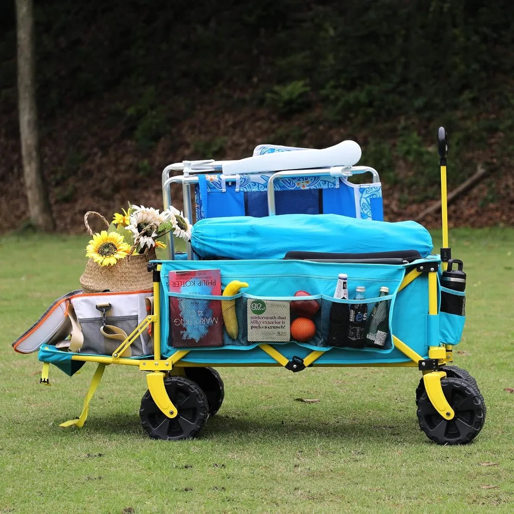 Beach Wagon Cart with Big Wheels, Collapsible Utility Wagon Heavy Duty Folding,Ideal for Outdoor Sand Camping Garden Pet