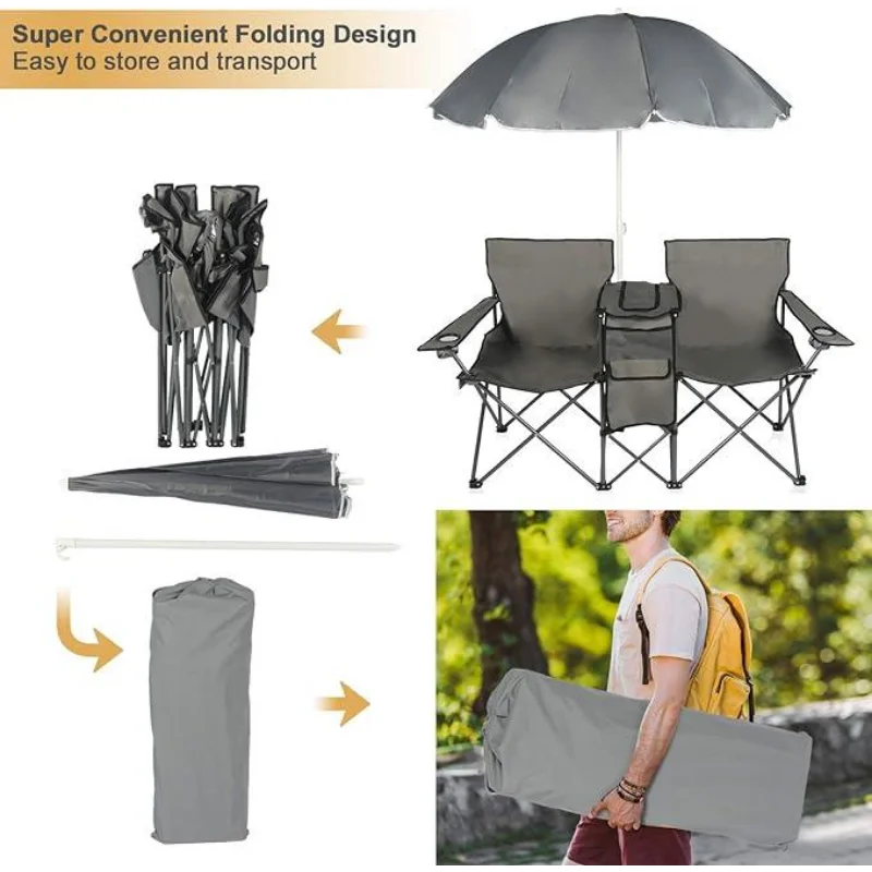 Double Folding Camping Chair W/Umbrella Fold Up Table Beverage Holder Carrying Bag Cooler for Patio Pool Park Outdoor