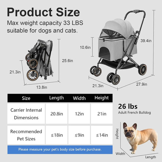 Dog Strollers for Small Dogs - Dog Stroller with Durable Shock-Absorbing PU Wheels Scratch Waterproof Fabric One-Handed Folding