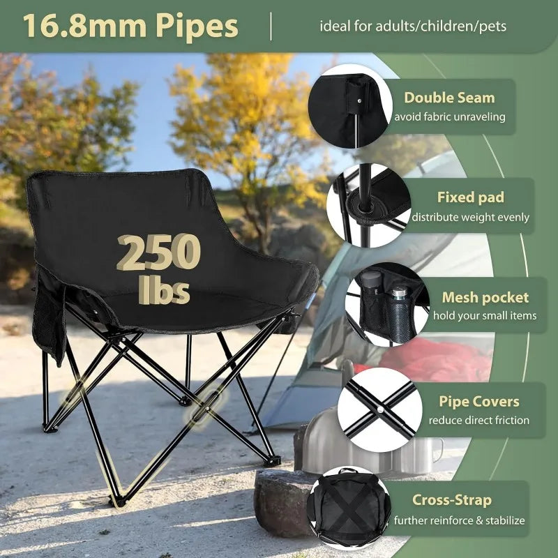 Camping Chairs Set for Adults, 2 Black Folding Moon Chair & 1 Lightweight Camp Table, with Side Pockets & Cup Holders