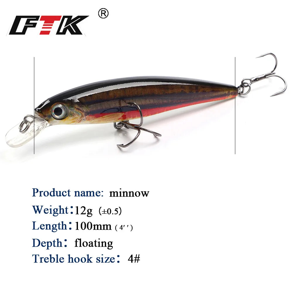 FTK 100mm/12g Fishing Lure Minnow Floating Hard Bass Lure Artificial Bait Carp Wobblers Crankbai Fishing For Fishing Accessories