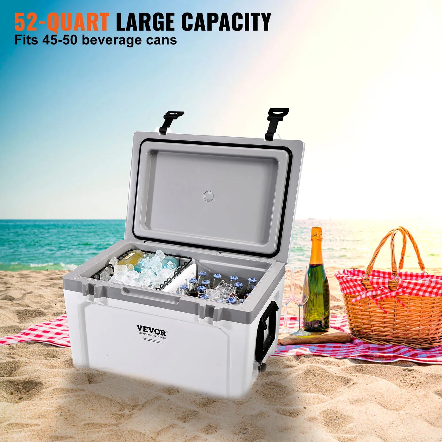 VEVOR 25/33/45/52QT Portable Hard Cooler Fully Insulated Ice Chest Cooling Box Goods Basket for Beach Outdoor Camping Travel