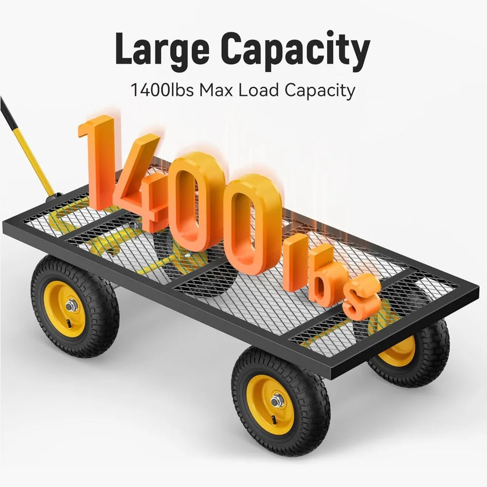 Steel Garden Cart, 2-in-1 1400 lbs Heavy Duty Utility Wagon, with Removable Mesh Sides to Convert into Flatbed, 240° U-Turn 13"