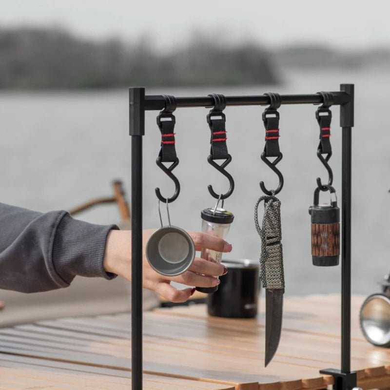 Camping Hanging Rack Camping Lamp Stand Holder Folding Camping Cookware Shelf with Hooks for Camping Fishing Picnics BBQ