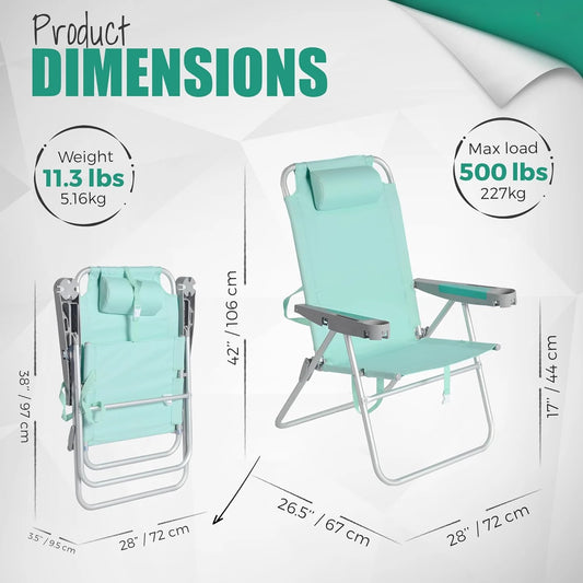 Beach Chairs17" Tall Oversized 2 Pack for Heavy Duty 500 LBS, 5 Position,Portable High Folding Camping Chair with Cup Holder