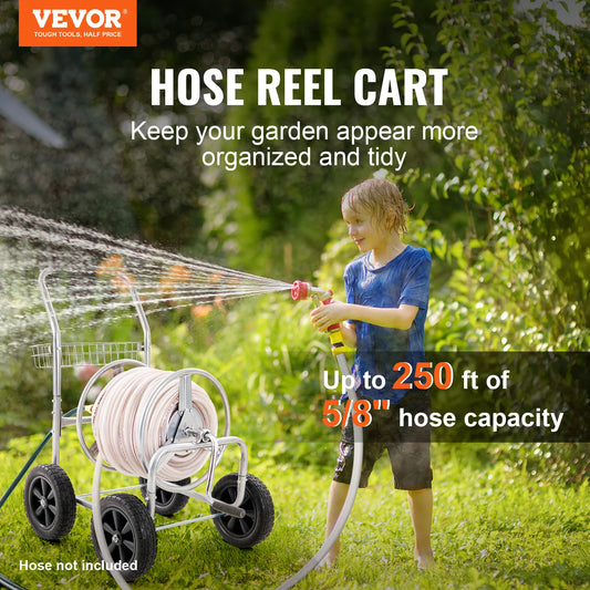 VEVOR Hose Reel Cart 250 ft of 5/8’’ Hose, Garden Water Hose Carts Mobile Tools with Storage Basket for Garden, Yard, Lawn